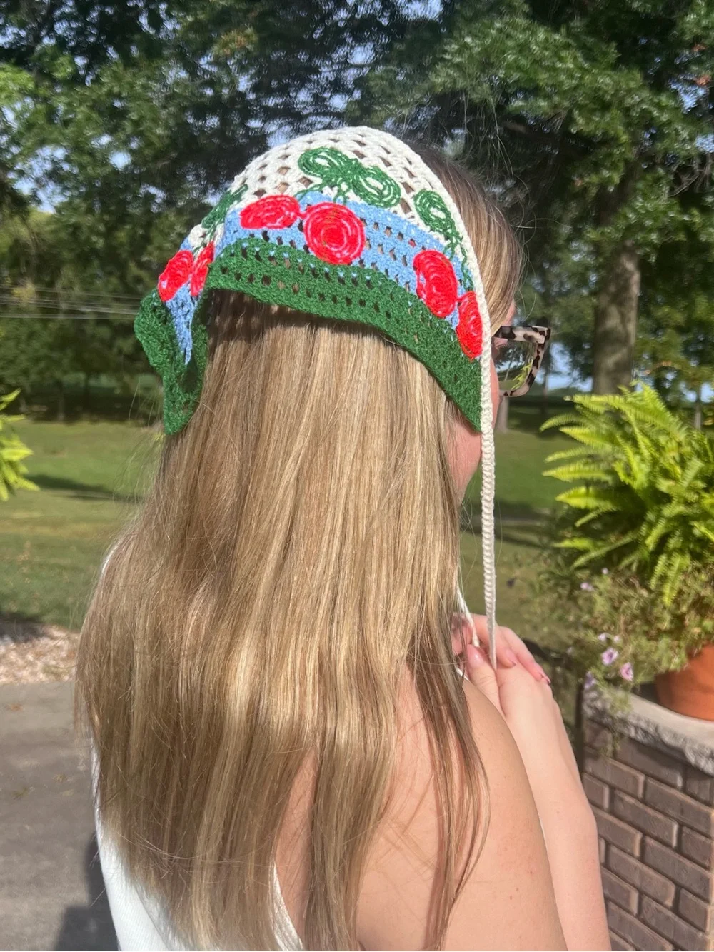 Crocheted Floral Headscarf in Green, Blue & Red